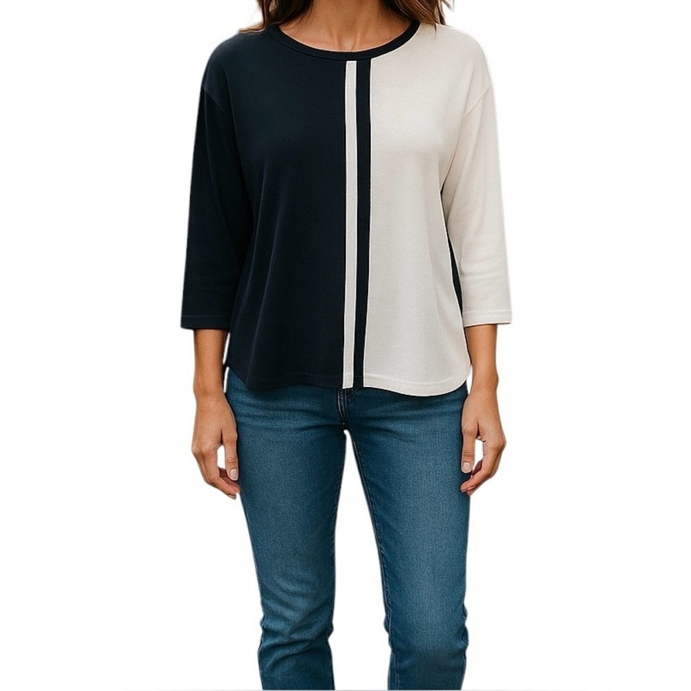 Magaschoni Two Tone Elegant Minimalist Black White Women's Knit Top Size M